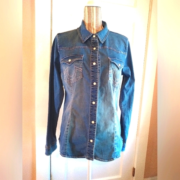 True Religion Pearl Snap Western Denim Shirt - l & xl - Picture 2 of 12